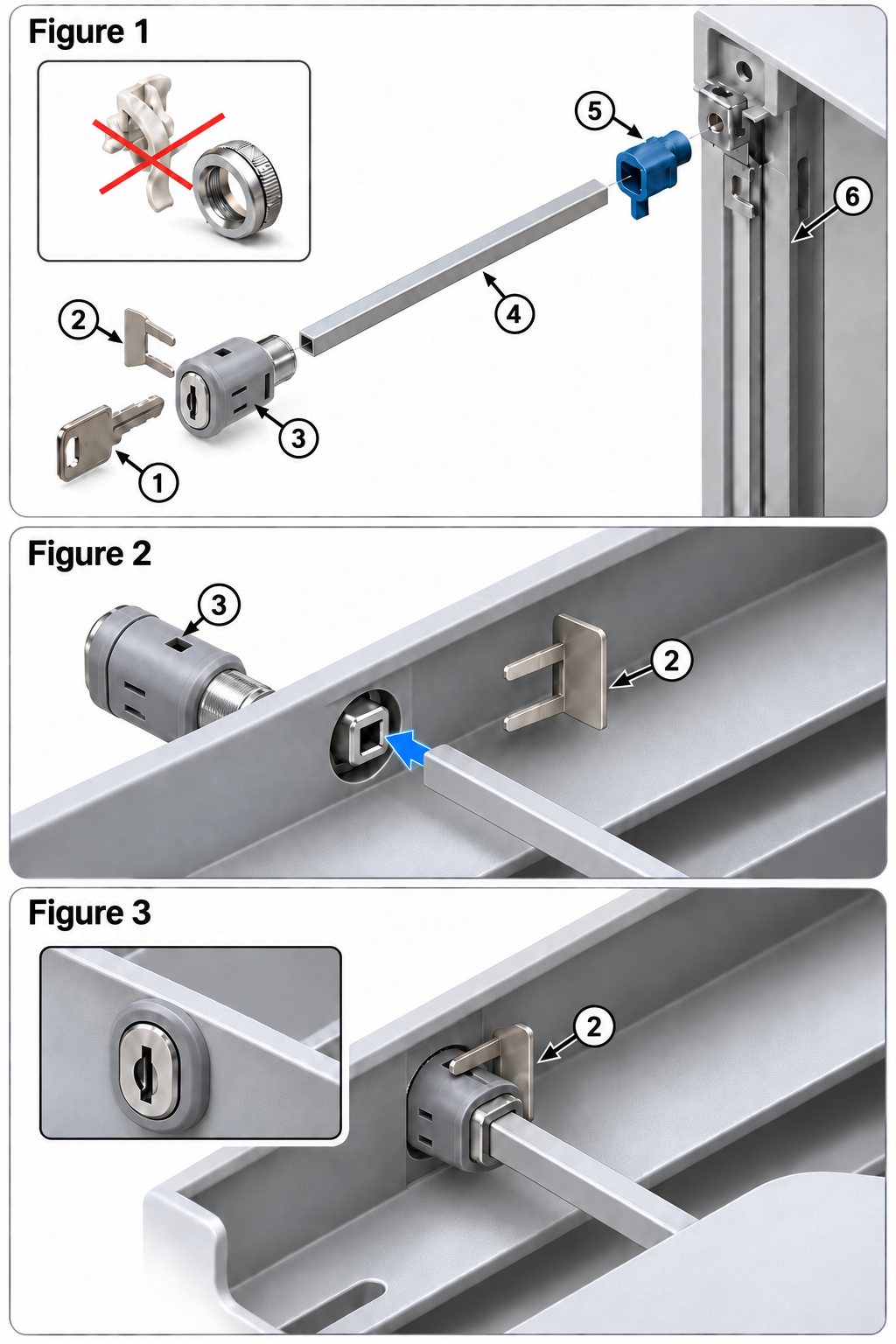 Labeled diagram of a Lista cabinet lock in three figures: an exploded view of the key, U-shaped spring clip, cylinder lock, aluminum lock rod, plastic rotor and vertical lock bar; the new lock being pushed into the cabinet face over the lock rod; and the spring clip installed behind the lock.